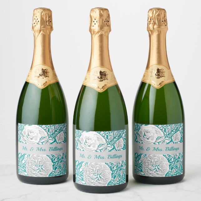 Faux Silk Embossed Illusion Rose/turquoise Sparkling Wine Label (Bottles)