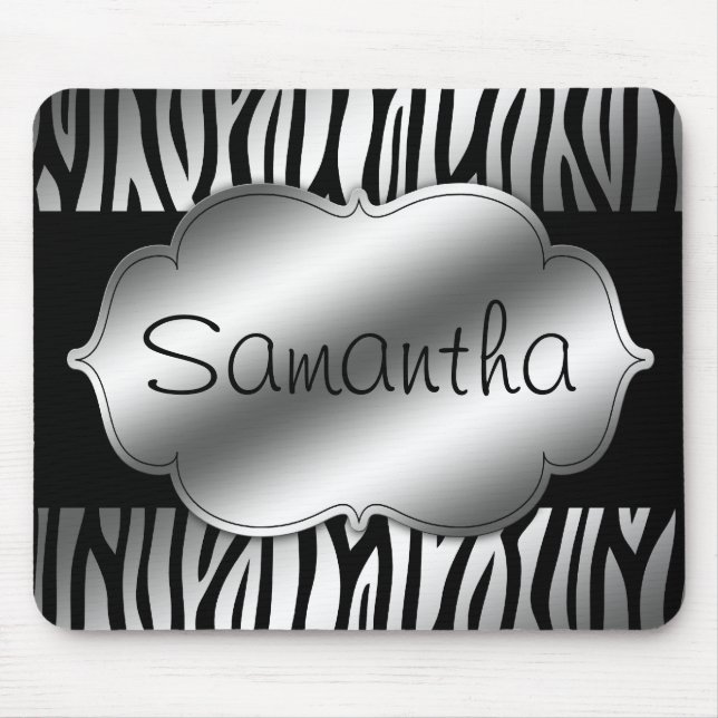 Faux Silver and Black Zebra Personalized Mouse Pad (Front)