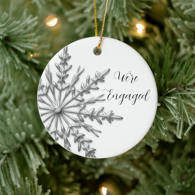 Faux Silver and White Winter Snowflake Engagement Ceramic Ornament (Tree)
