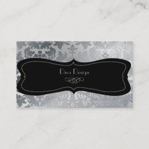 Faux silver baroque damask /black business card