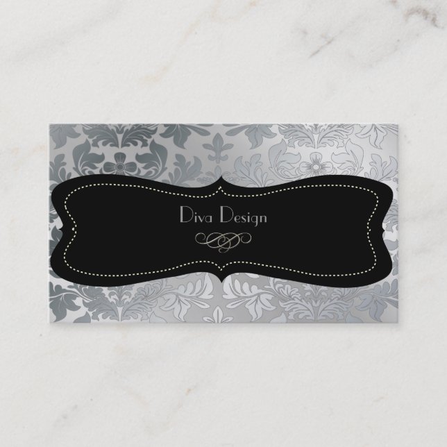 Faux silver baroque damask /black business card (Front)