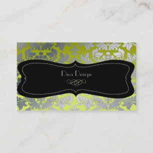 Faux silver baroque damask /black/lime green business card