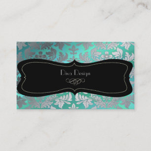 Faux silver baroque damask /black/teal business card