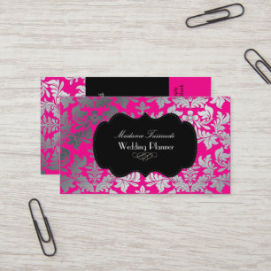 Faux silver baroque damask/DIY colors pink+black Business Card