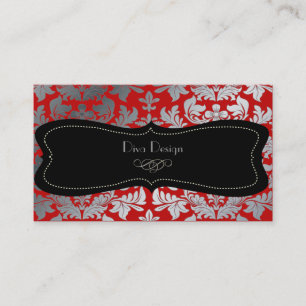 Faux silver baroque damask red/black business card