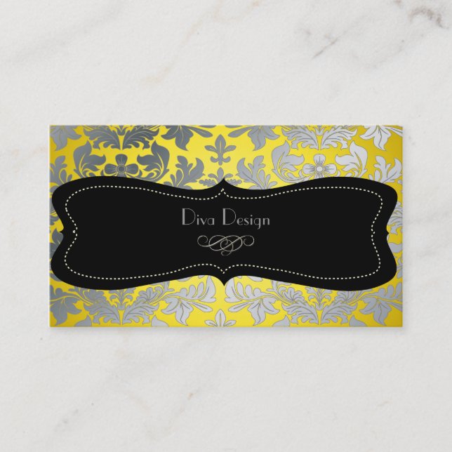Faux silver baroque damask yellow/black business card (Front)