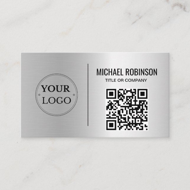 Faux Silver Business Logo QR Code Professional  Business Card (Front)