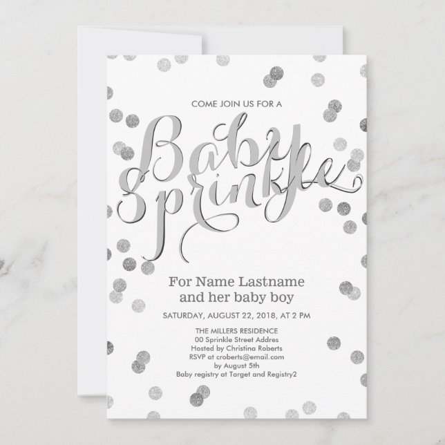 Faux Silver Confetti Modern Baby Sprinkle Invite (Front)