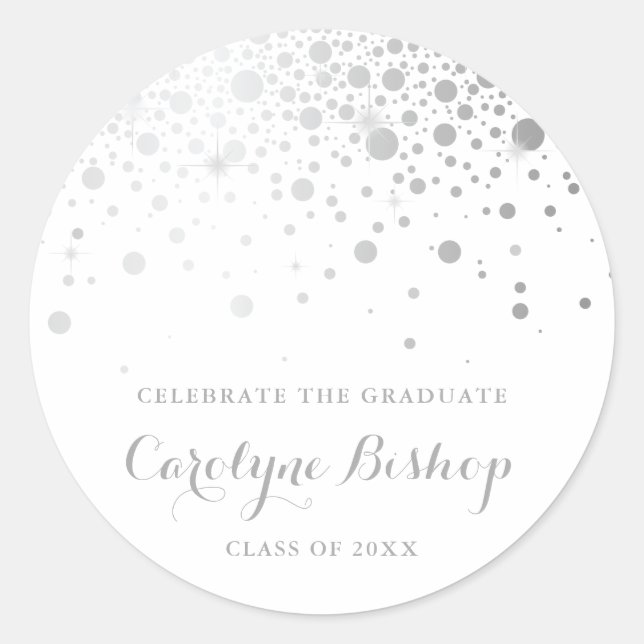 Faux SIlver Confetti Personalized Graduation Classic Round Sticker (Front)