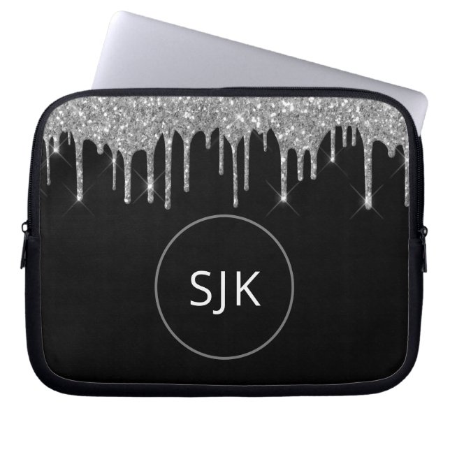 Faux Silver Dripping Glitter Sparkle Monogram Laptop Sleeve (Front)