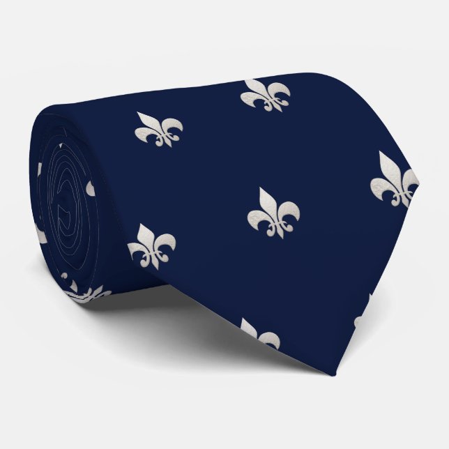 Faux Silver Fleur de lis DIY Navy Blue  Tie (Rolled)