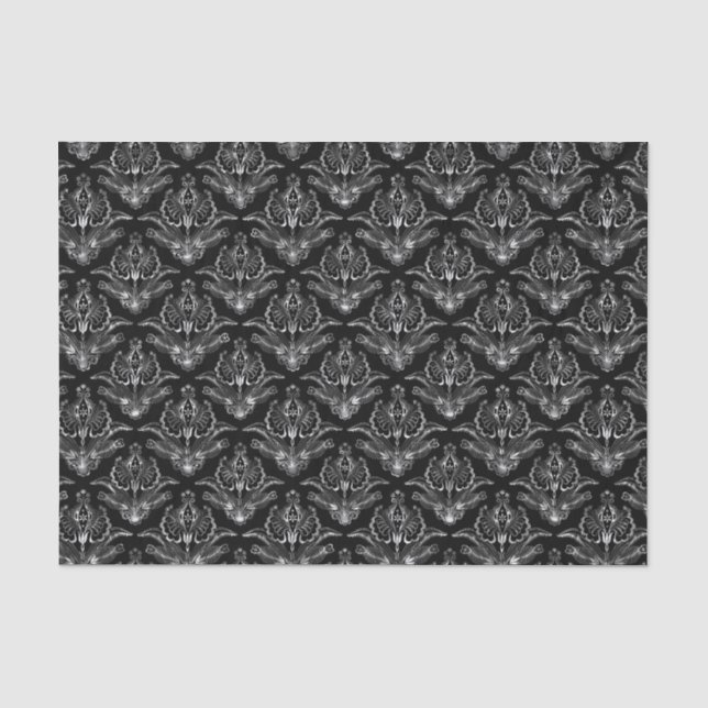 Faux Silver Floral Damasks Black Background Tissue Paper (Front)