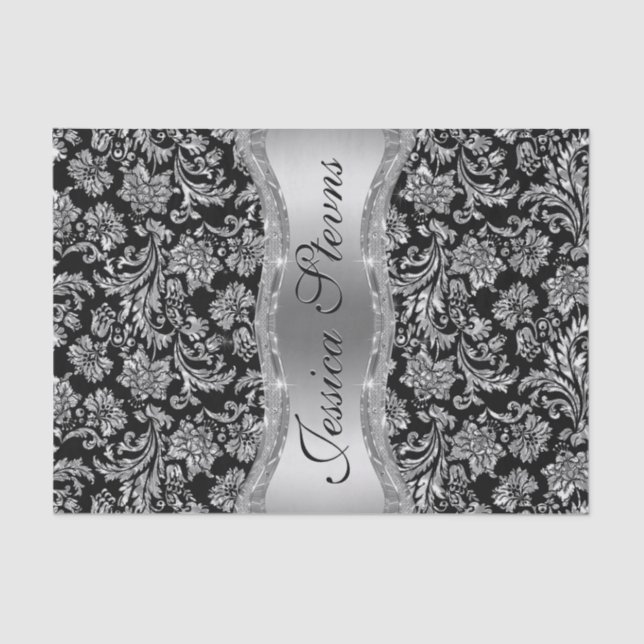 Faux Silver Floral Damasks Black Background Tissue Paper (Front)