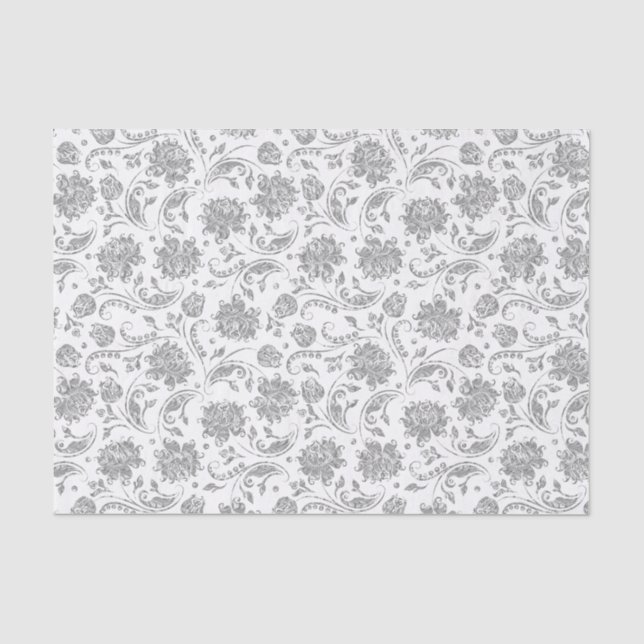 Faux Silver Floral Damasks White Background Tissue Paper (Front)