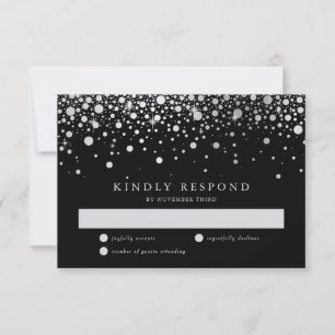 Faux Silver Foil Confetti Black and Silver Wedding RSVP Card