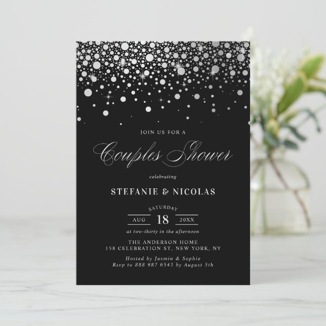 Faux Silver Foil Confetti Black Couples Shower Invitation (Standing Front)