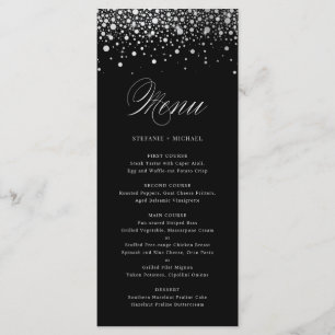 Faux Silver Foil Confetti Black Wedding Menu Card