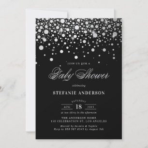 Faux Silver Foil Confetti Dots Black Baby Shower Invitation