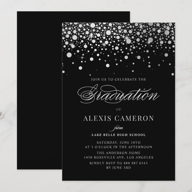 Faux Silver Foil Confetti Dots Black Graduation Invitation (Front/Back)