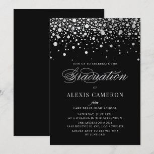 Faux Silver Foil Confetti Dots Black Graduation Invitation