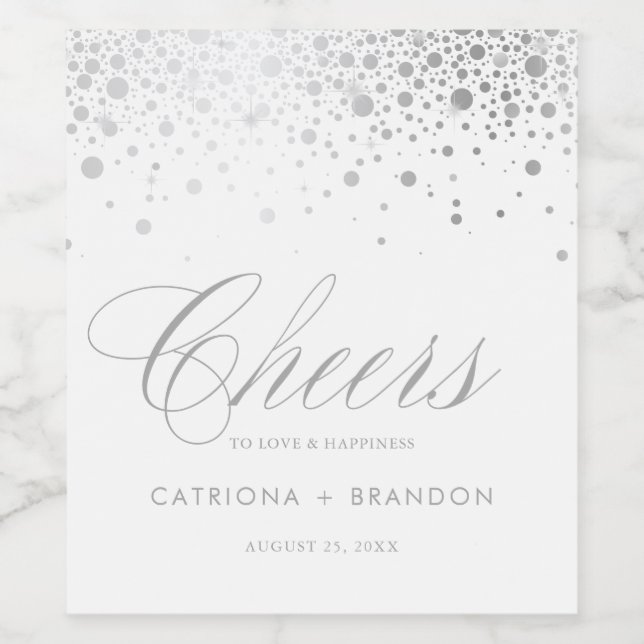 Faux Silver Foil Confetti Dots Cheers Wedding Wine Label (Single Label)