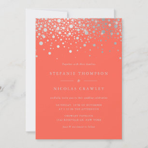 Faux Silver Foil Confetti Dots Coral Wedding Invitation