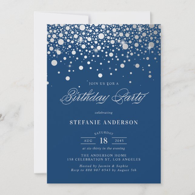 Faux Silver Foil Confetti Dots Navy Blue Birthday Invitation (Front)