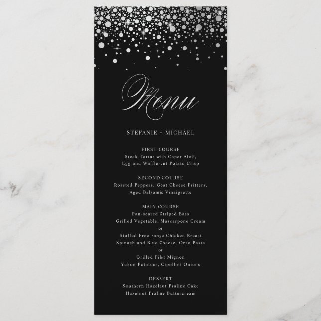 Faux Silver Foil Confetti Dots Noir Menu (Devant)