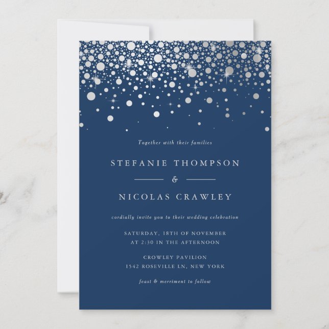 Faux Silver Foil Confetti Dots Turquoise Wedding Invitation (Front)