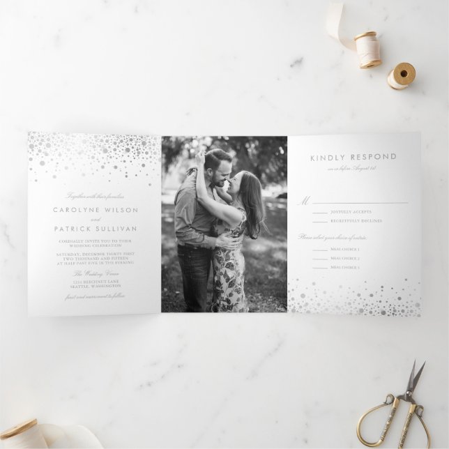 Faux Silver Foil Confetti Dots White Wedding  Tri-Fold Invitation (Inside)