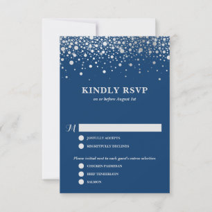 Faux Silver Foil Confetti Navy Wedding RSVP Card