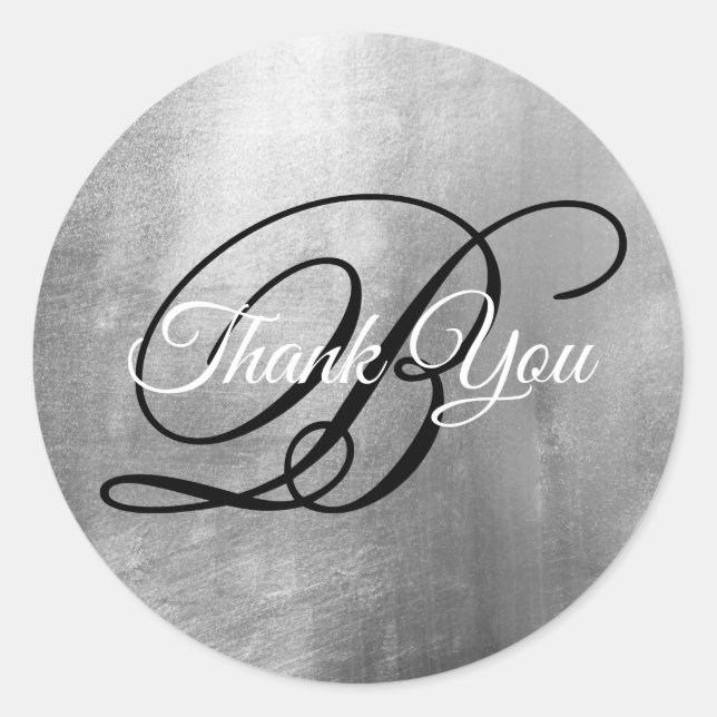 Faux Silver Foil Fancy Wedding Monogram Thank You Classic Round Sticker (Front)