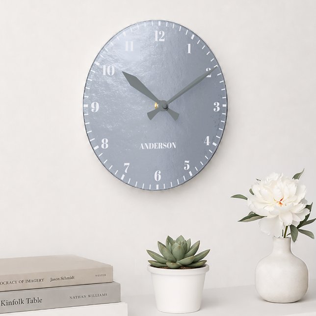 Faux Silver Foil Metallic Grey White Custom Name Round Clock (Creator Uploaded)