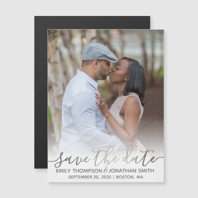 Faux Silver Foil Photo Magnet Réservez la date (Devant / Derrière)