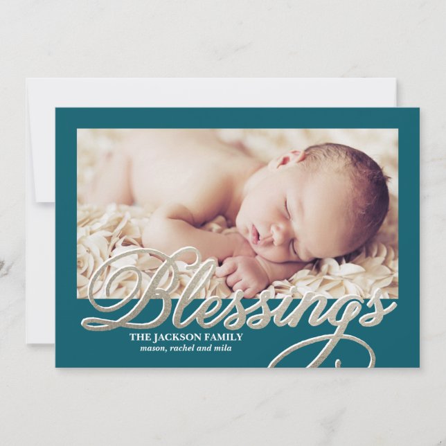 Faux Silver Foil Script Blessings Holiday Photo Card (Front)