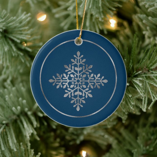 Faux Silver Foil Snowflake On Blue (Not Real Foil) Ceramic Ornament (Tree)