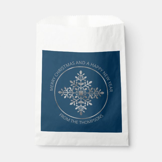 Faux Silver Foil Snowflake On Blue (Not Real Foil) Favour Bag (Front)