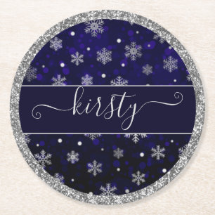 Faux Silver Foil Winter Snowflakes & blue bokeh Round Paper Coaster