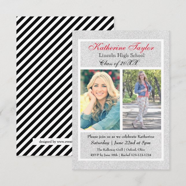 Faux Silver Glitter - 3x5 Graduation Announcement (Front/Back)