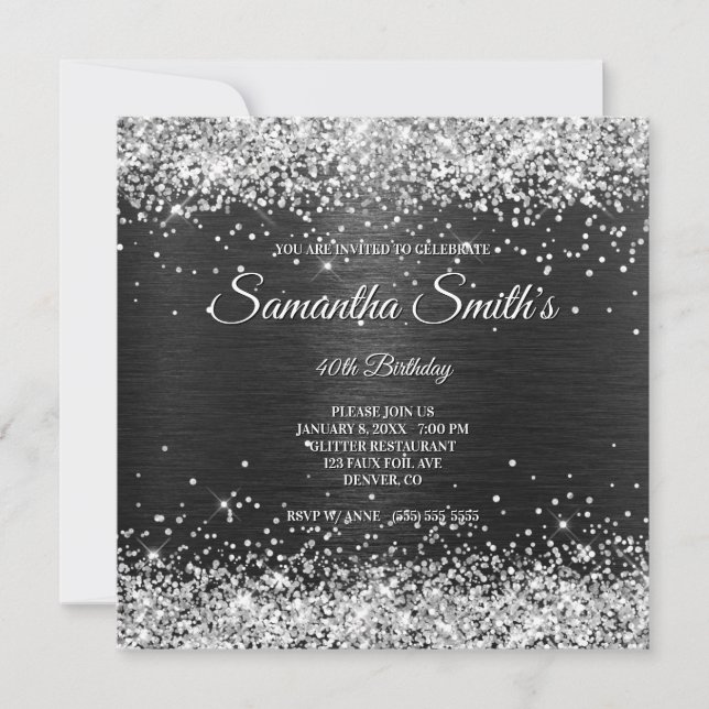 Faux Silver Glitter and Black Foil 40th Birthday Invitation (Front)