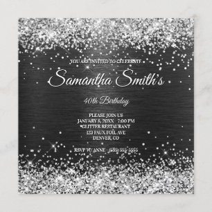 Faux Silver Glitter and Black Foil 40th Birthday Invitation