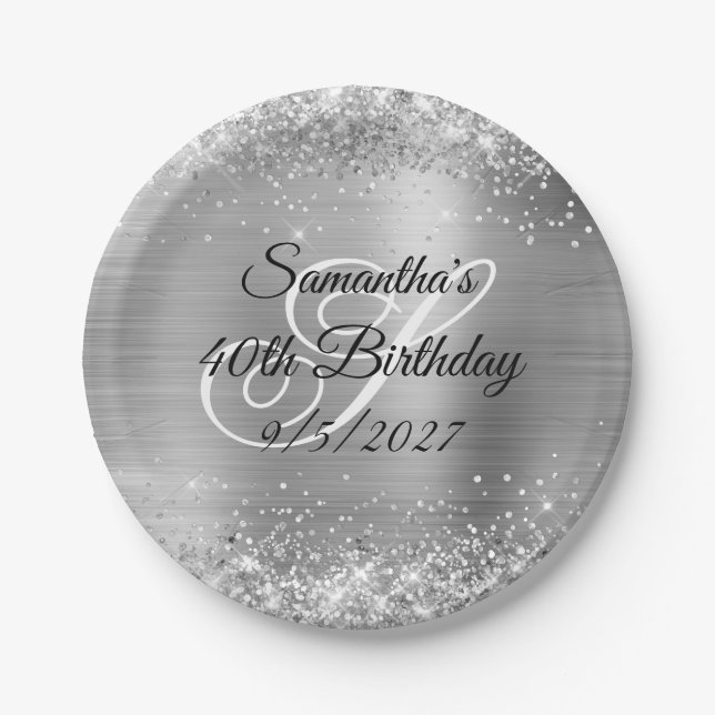 Faux Silver Glitter and Foil 40th Birthday Paper Plate (Front)
