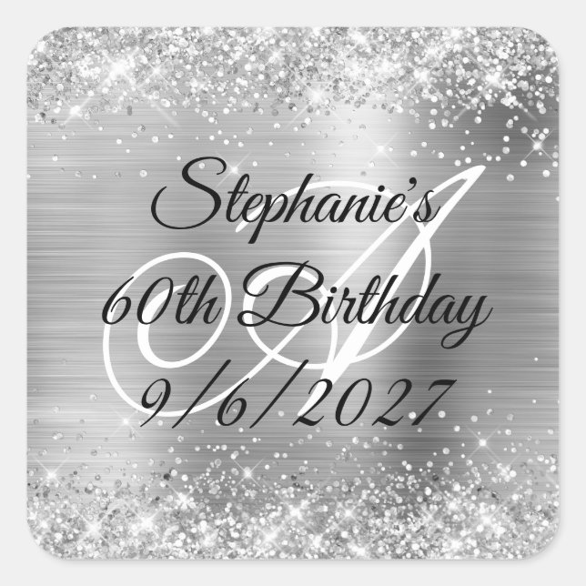 Faux Silver Glitter and Foil 60th Birthday Square Sticker (Front)