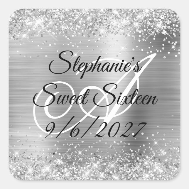 Faux Silver Glitter and Foil Sweet Sixteen Square Sticker (Front)
