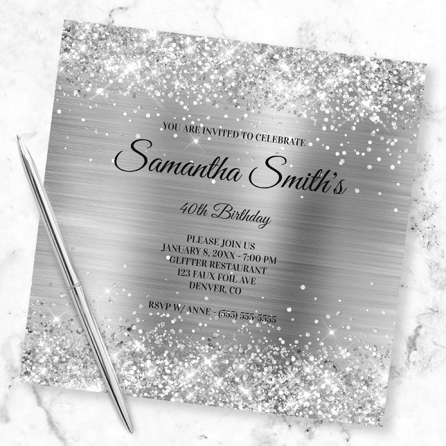 Faux Silver Glitter and Shiny Foil 40th Birthday Invitation (Creator Uploaded)