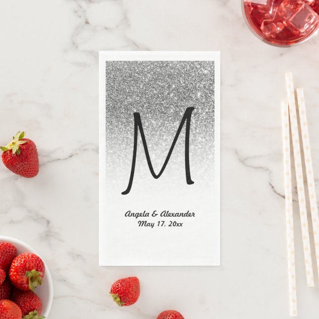 Faux Silver Glitter and White Ombre Monogram Napkin (Insitu)