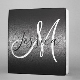 Faux Silver Glitter Black Ombre Monogram Binder