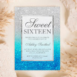 Faux silver glitter blue teal Sweet 16 Invitation<br><div class="desc">A modern,  pretty chic and elegant faux silver glitter shower ombre with teal ocean blue glitter ombre colour block Sweet 16 birthday party invitation.</div>
