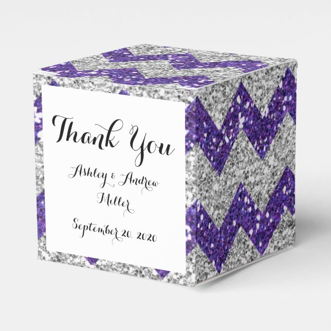 Faux Silver Glitter Chevron Pattern Purple Glitter Favor Box (Front Side)