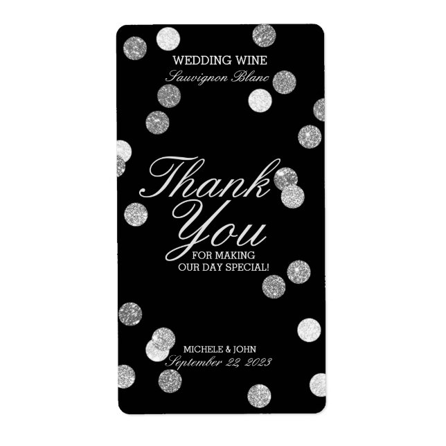 Faux Silver Glitter Confetti Wedding Wine Label (Front)